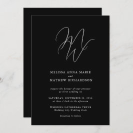 Chic Monogram Modern Black & White Wedding Einladung