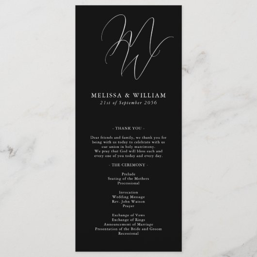Chic Monogram Modern Black & White Wedding Programm (Vorderseite)