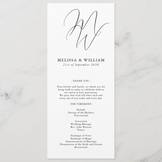 Chic Monogram Modern Initials White Wedding Programm (Vorderseite)