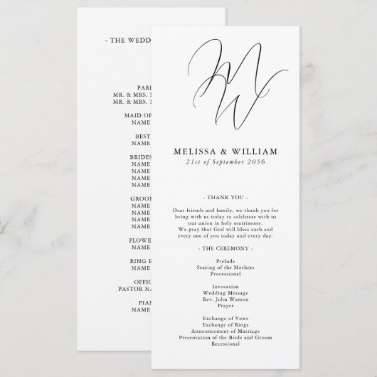 Chic Monogram Modern Initials White Wedding Programm (Vorne/Hinten)