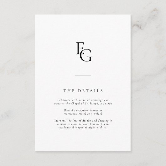 Chic Monogram Modern Wedding Details Begleitkarte (Vorderseite)