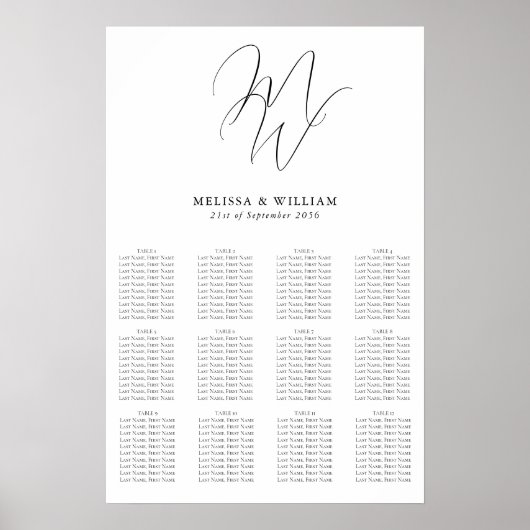 Chic Monogram Moderne Schwarz-Weiß-Hochzeitssitze Poster (Vorne)