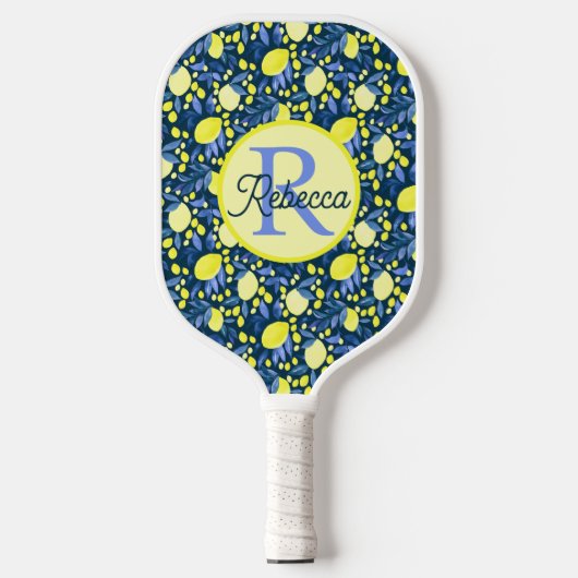 Chic Monogram Name Rustikal Citrus Lemmonen Blaues Pickleball Schläger (Vorderseite)