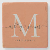 Chic Monogram Names Wedding Date Burnt Orange Steinuntersetzer (Vorderseite)
