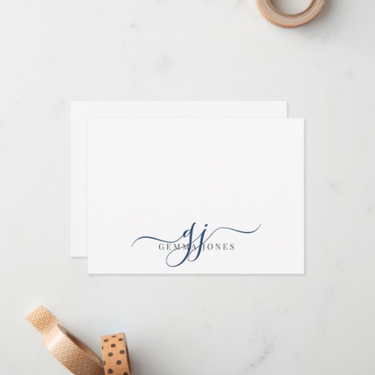 Chic Monogram Navy Blue Script Initials Mitteilungskarte (Vorderseite/Rückseite Beispiel)