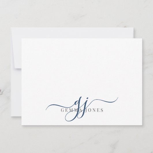 Chic Monogram Navy Blue Script Initials Mitteilungskarte (Vorderseite)