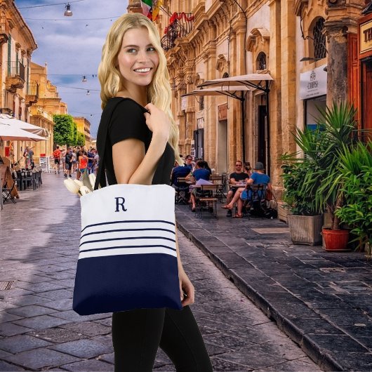 Chic Monogram Navy Blue Striping Tasche