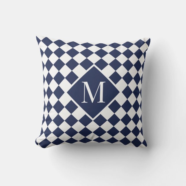 Chic Monogram Navy Blue White Checkered Pattern Kissen (Vorderseite)