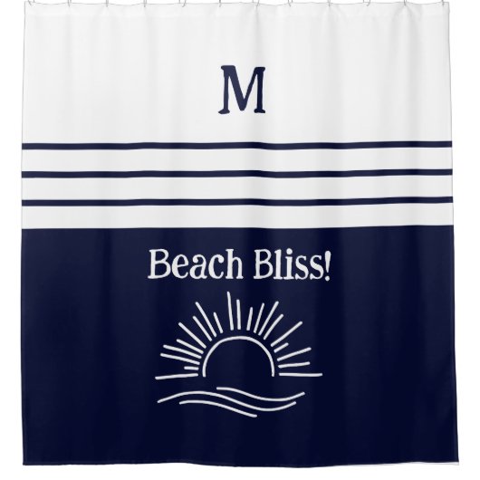 Chic Monogram Navy White Stripes Beach House Duschvorhang (Vorderseite)