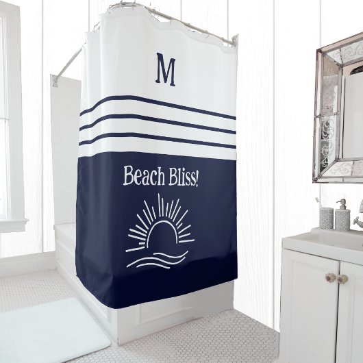 Chic Monogram Navy White Stripes Beach House Duschvorhang
