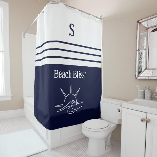 Chic Monogram Navy White Stripes Beach House Duschvorhang (Beispiel)