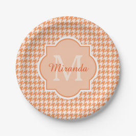 Chic Monogram Orange Hahnentrittmuster mit Name Pappteller