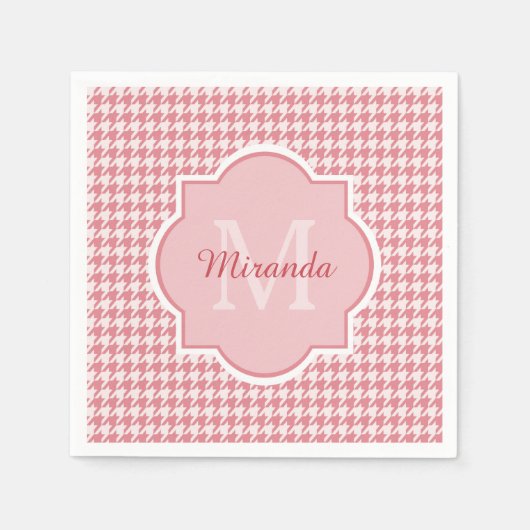 Chic Monogram Pink Hahnentrittmuster mit Name Serviette (Vorderseite)