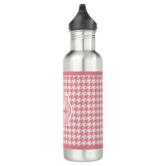 Chic Monogram Pink Hahnentrittmuster mit Name Trinkflasche (Rechts)