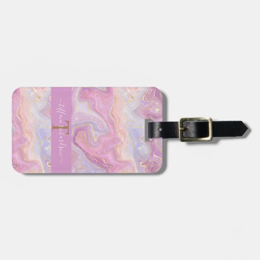 Chic Monogram Pink Lila Gold Agate Geode Gepäckanhänger (Vorderseite horizontal)