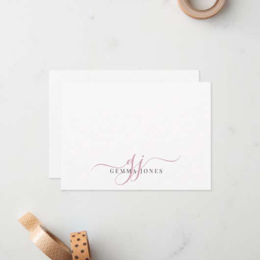 Chic Monogram Pink Script Initials Mitteilungskarte (Vorderseite/Rückseite Beispiel)