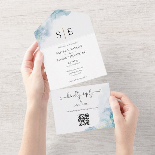 Chic Monogram QR Code Blue Watercolor Wedding All In One Einladung (Abreißen)