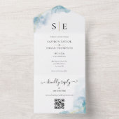 Chic Monogram QR Code Blue Watercolor Wedding All In One Einladung (Innen Boden)
