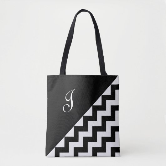 Chic Monogram Schwarz-weiß Geometric Zigzag Muster Tasche (Vorderseite)