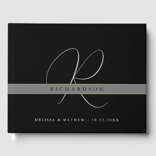 Chic Monogram Schwarz-weiß Gray Wedding Gästebuch (Vorderseite)