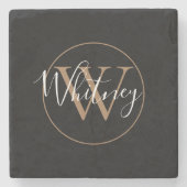 Chic Monogram Script Name Black Gold Steinuntersetzer (Vorderseite)