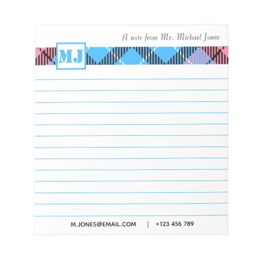 Chic Monogram Script Name Kariert Beruflich Linken Notizblock (Vorderseite)