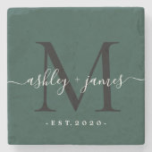 Chic Monogram Script Name Wedding Date Dunkelgrün Steinuntersetzer (Vorderseite)