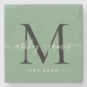 Chic Monogram Script Names Wedding Date Green Steinuntersetzer (Vorderseite)