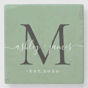  Chic Monogram Script Names Wedding Date Green Steinuntersetzer