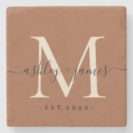 Chic Monogram Script TerraCotta Names Wedding Date Steinuntersetzer