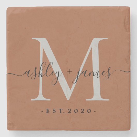 Chic Monogram Script TerraCotta Names Wedding Date Steinuntersetzer (Vorderseite)
