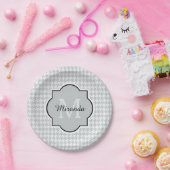 Chic Monogram Soft Grau Hahnentrittmuster mit Name Pappteller (Party)