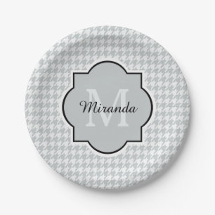 Chic Monogram Soft Grau Hahnentrittmuster mit Name Pappteller