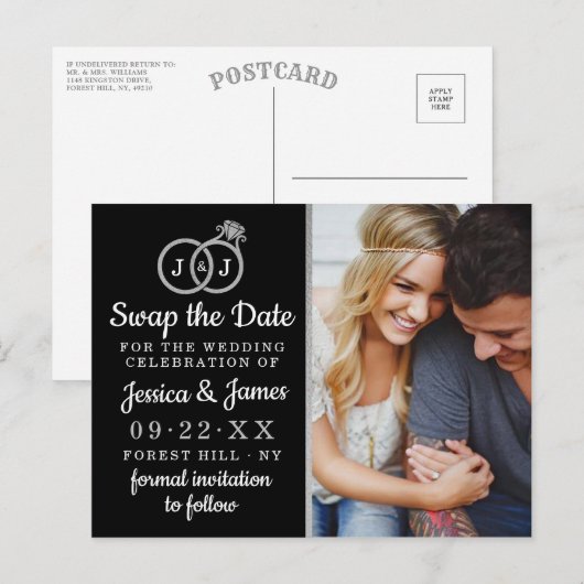 Chic Monogram Wedding Rings Rette oder tauscht das Ankündigungspostkarte (Vorne/Hinten)