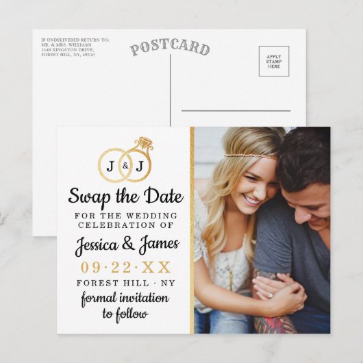 Chic Monogram Wedding Rings Rette oder tauscht das Ankündigungspostkarte (Vorne/Hinten)