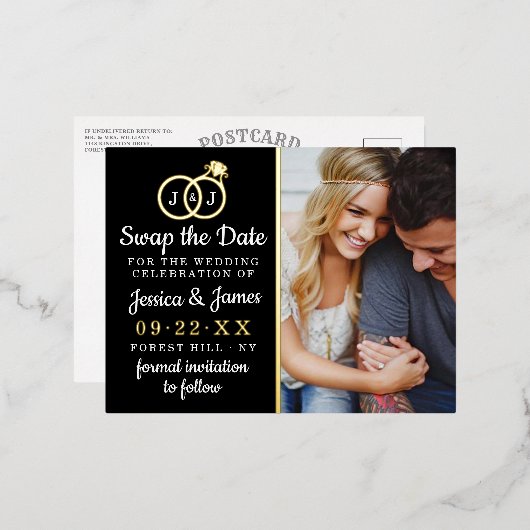 Chic Monogram Wedding Rings Rette oder tauscht das Folie Einladungspostkarte (Vorderseite/Rückseite)