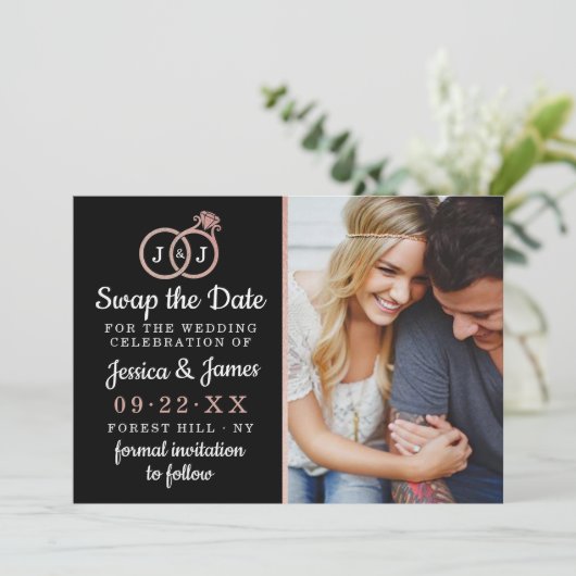 Chic Monogram Wedding Rings Rette oder tauscht das Save The Date (Stehend Vorderseite)