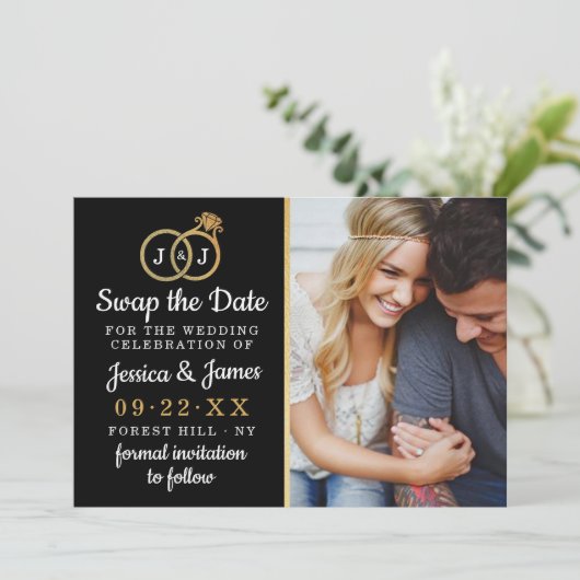 Chic Monogram Wedding Rings Rette oder tauscht das Save The Date (Stehend Vorderseite)