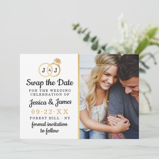 Chic Monogram Wedding Rings Rette oder tauscht das Save The Date (Stehend Vorderseite)