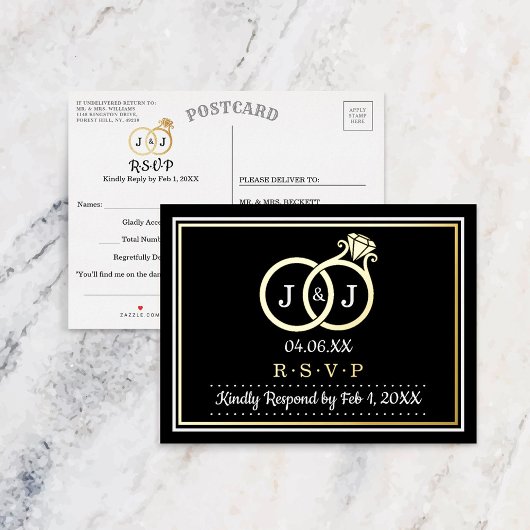 Chic Monogram Wedding Rings UAWG Real Folie Einladungspostkarte