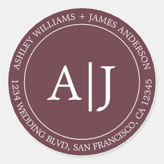 Chic Monogram Wedding Rücksendeadresse Burgundy Runder Aufkleber (Vorderseite)