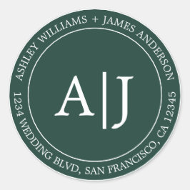 Chic Monogram Wedding Rücksendeadresse Dunkelgrün Runder Aufkleber