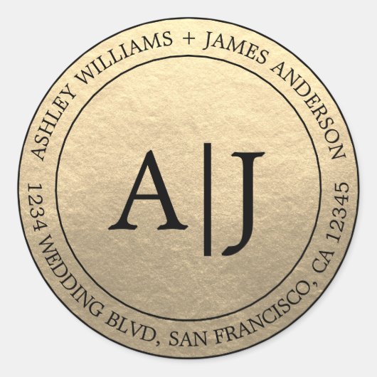 Chic Monogram Wedding Rücksendeadresse Gold Runder Aufkleber (Vorderseite)