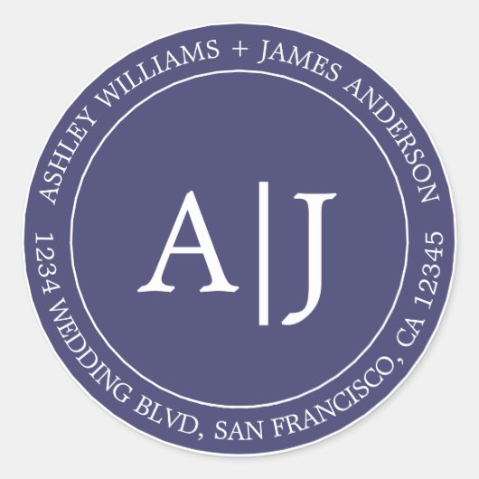 Chic Monogram Wedding Rücksendeadresse Navy Blue Runder Aufkleber (Vorderseite)