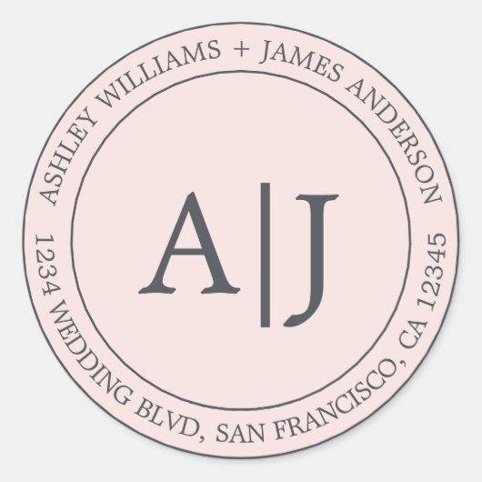 Chic Monogram Wedding Rücksendeadresse Pastel Pink Runder Aufkleber (Vorderseite)