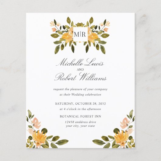 Chic Monogram Yellow Green Flororal Wedding (Vorderseite)