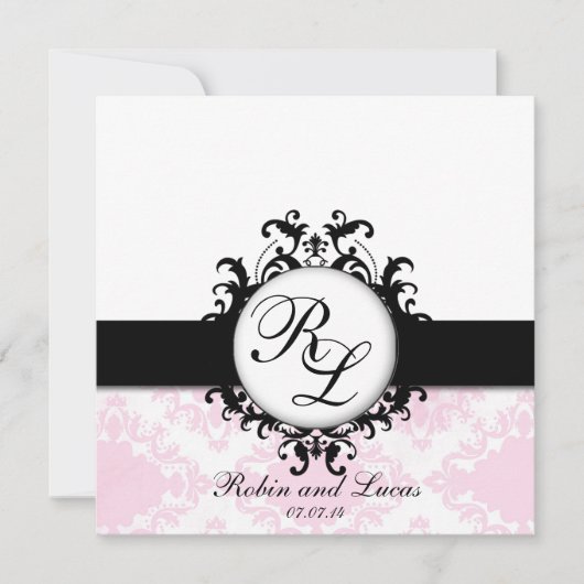Chic Monogramme Hochzeit Einladende weiße rosa Dam Einladung (Vorderseite)