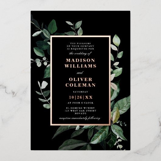 Chic Moody Botanical Frame Wedding REAL Folieneinladung (Vorderseite)