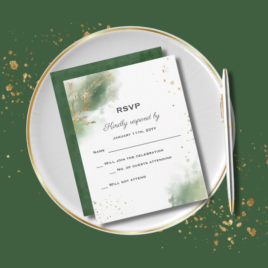 Chic Moss Green Gold Wedding RSVP Card Karte