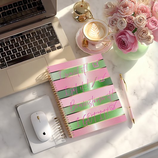 Chic Motivational Striped Pink and Green Quote Planer